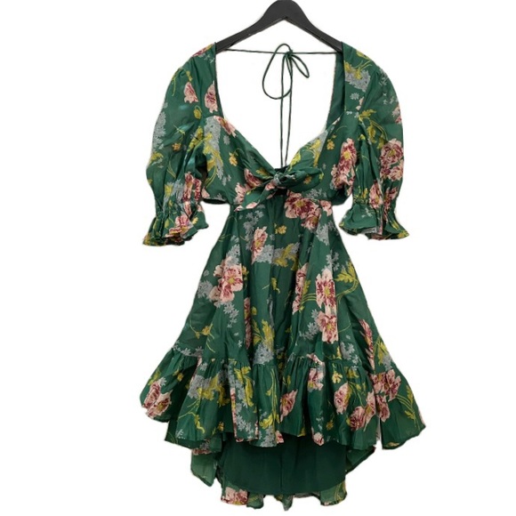 ASOS Tie Front Mini Dress in Textured Voile Art Nouveau Green Floral Size 10 - Picture 7 of 16